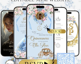 May include: A digital invitation design for a Quinceañera, displayed on several smartphones. The design features floral arrangements, a carriage illustration, and the text "RSVP". The invitation includes a QR code and the text "Editable Mini Website".
