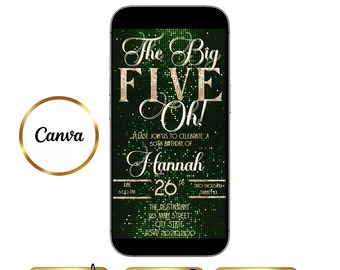 50th Birthday Video Invitation Editable Canva Template, Green and Gold Glitter Fifty and Fabulous Party Invite, Animated Evite RSVP QR Code