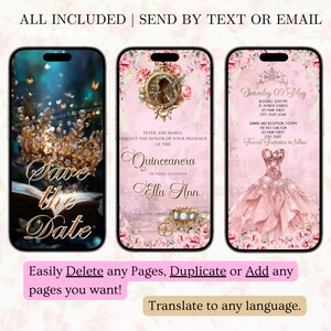 May include: Three smartphone screens displaying digital invitations. The first features a gold crown and the words "Save the Date." The second is a Quincea&ntilde;era invitation with a carriage illustration. The third shows a pink dress and event details.