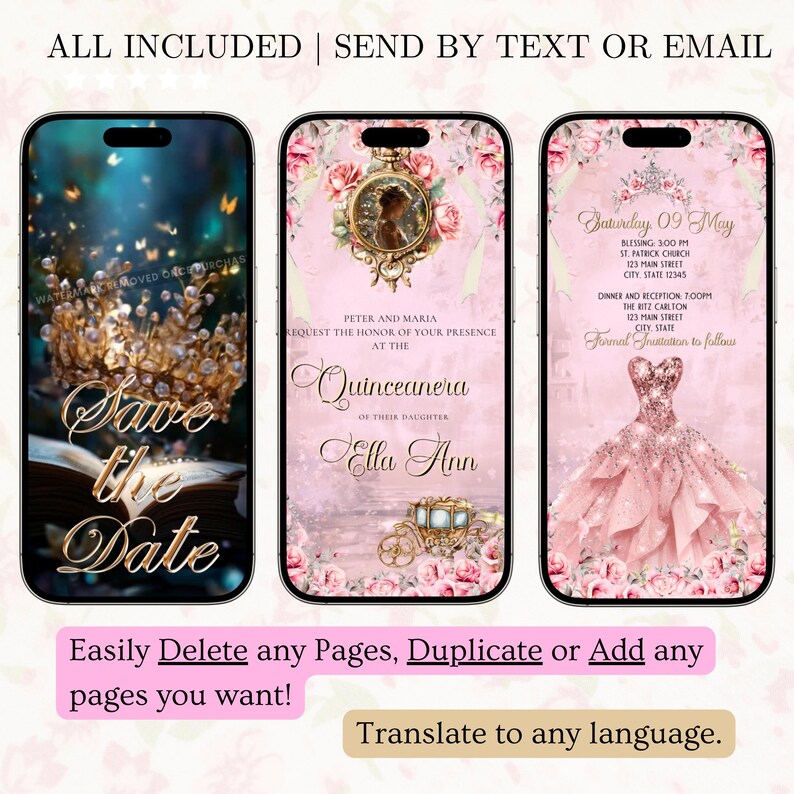 May include: Three smartphone screens displaying digital invitations. The first features a gold crown and the words "Save the Date." The second is a Quincea&ntilde;era invitation with a carriage illustration. The third shows a pink dress and event details.