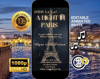 Paris Video Invite Editable template Eiffel Tower animated Parisian Party Evite French Birthday Oh La La theme Eiffel Tower instant download