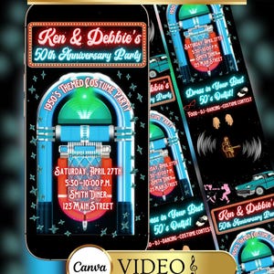 Op de afbeelding: Digitale uitnodiging voor Ken & Debbie's 50e verjaardagsfeest, met als thema een kostuumfeest uit de jaren 50. Het ontwerp toont een jukebox, een klassieke auto en evenementdetails. Bevat de tekst "Text This Invite" en het Canva Video-logo.