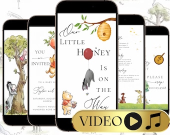 May include: A series of smartphones displaying a baby shower invitation with Winnie the Pooh illustrations. The invitation text reads "Our Little Honey Is On The Way" with a video button. The background features a map.
