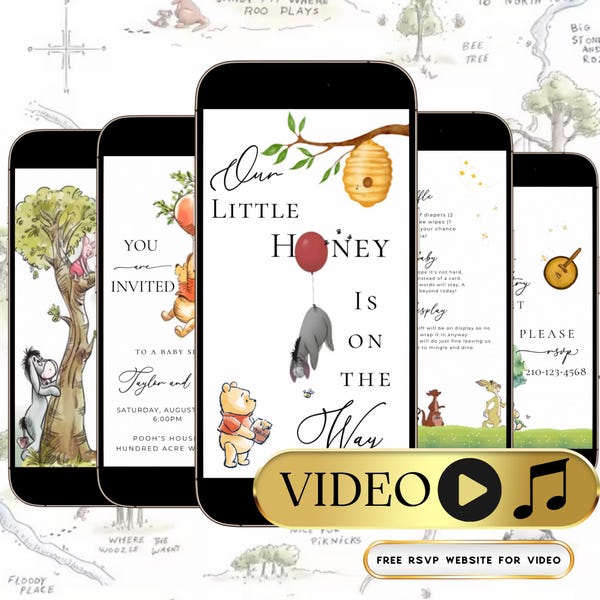 Winnie the Pooh Baby Shower Video Invitation, Our Little Honey Is on the Way Invite, Gender Neutral Pooh Bear Mobile Evite with music