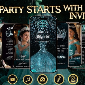 Quinceañon Video Einladung Türkis Sweet 15 animierte Mis Quince Años Evite bearbeitbare Digitale Sweet 15 mobile Vorlage Sweet 16 teal evite