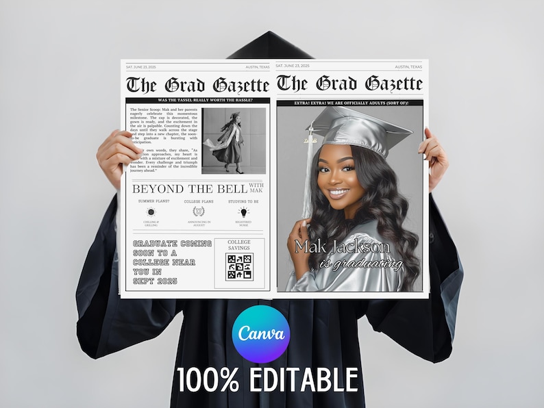 Create a memorable keepsake with our editable 2025 Graduation newspaper template! Personalize headlines, photos, achievements, and future plans to celebrate your graduate’s journey. Perfect for announcements, party decor, or a unique gift. Download, edit, and print easily!