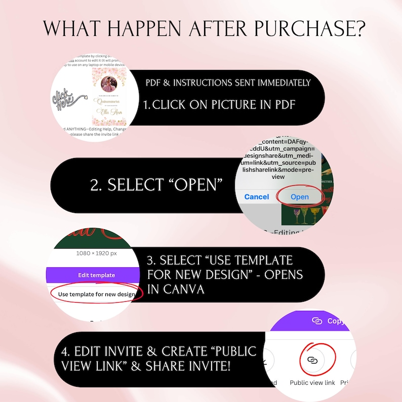 May include: A guide titled "WHAT HAPPEN AFTER PURCHASE?" detailing how to edit an invitation. Instructions include clicking a picture in a PDF, selecting "Open," and using a template in Canva.