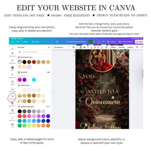 May include: A Canva website editing interface is shown, with design elements and text: "EDIT YOUR WEBSITE IN CANVA" and "INVITED TO A Quinceanera." The interface allows users to edit text, change fonts, and add photos. The design features a gold and red colour scheme.