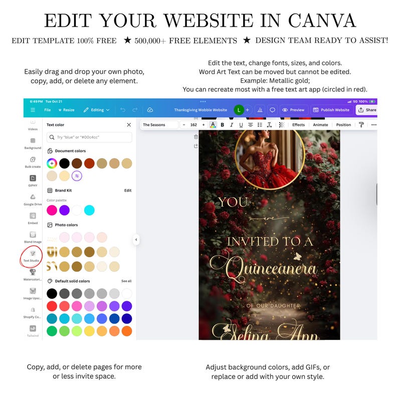 May include: A Canva website editing interface is shown, with design elements and text: "EDIT YOUR WEBSITE IN CANVA" and "INVITED TO A Quinceanera." The interface allows users to edit text, change fonts, and add photos. The design features a gold and red colour scheme.