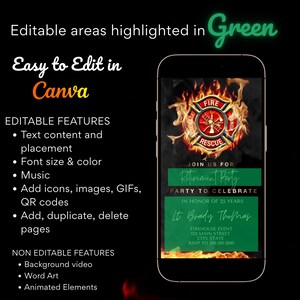 May include: A digital invitation for a retirement party with a firefighter theme. The invitation features a red and black fire department logo with flames. The text "Retirement Party" is in a green box. The invitation is editable in Canva.