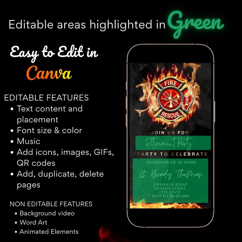 May include: A digital invitation for a retirement party with a firefighter theme. The invitation features a red and black fire department logo with flames. The text "Retirement Party" is in a green box. The invitation is editable in Canva.