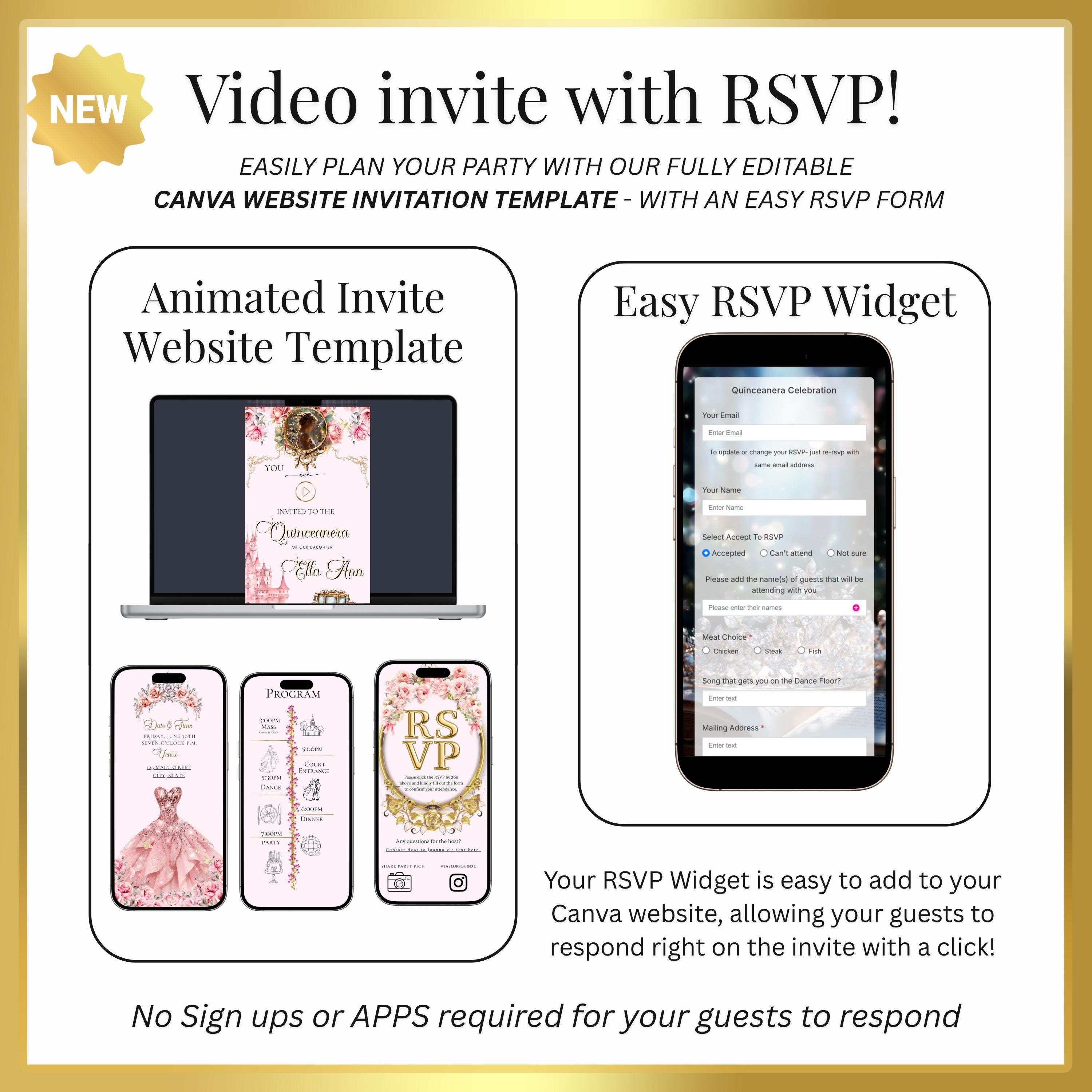 Quinceanera Invitation Website Blush Pink Sweet 15 Editable Birthday ...