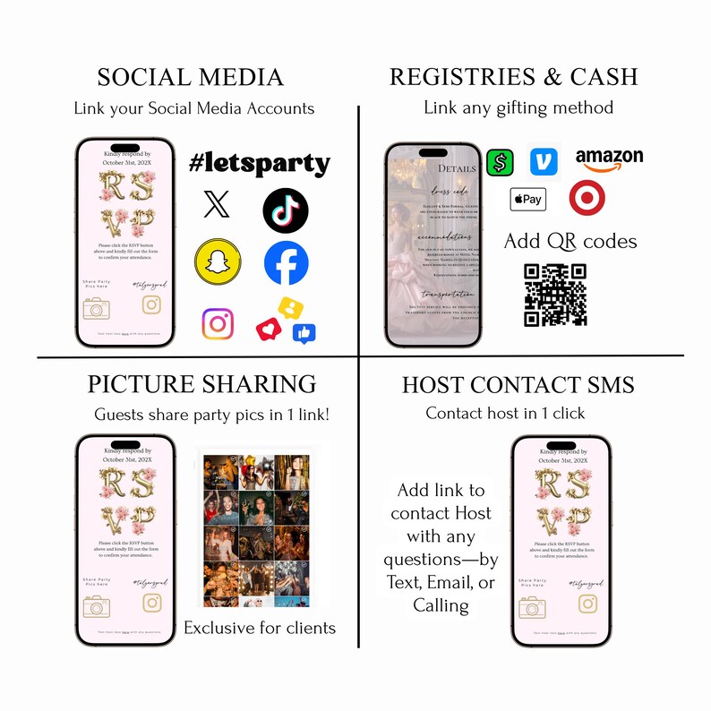 May include: A graphic with four sections displaying information about a party. The sections include social media links, registry options, picture sharing, and host contact information. The design incorporates smartphone mockups and social media icons.