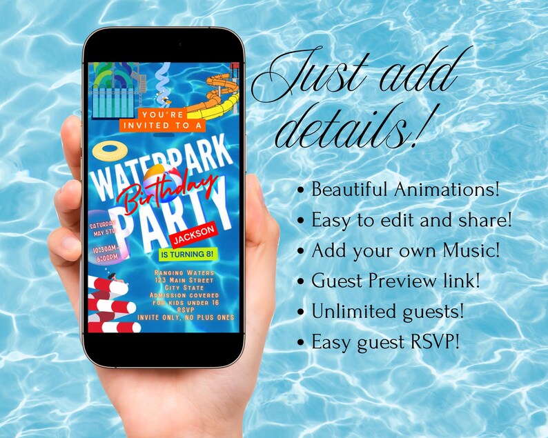 Waterpark invite editable video template splash party animated evite canva swim summer birthday digital mp4 instant download Water park