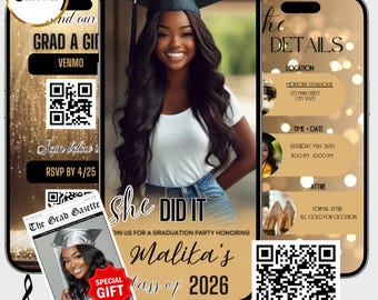 Invitación de video de graduación dorada, anuncio de la clase de 2026, invitación animada para fiesta de graduación, plantilla editable de Canva para móvil digital Evite