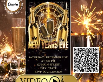 May include: A digital New Year's Eve invitation on a smartphone screen. The design features gold champagne bottles, glasses, and a clock face. Text includes "New Year's Eve", date, time, address, and RSVP information. A QR code is also present.