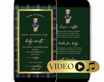 Classic Polo Baby Shower Video Invite Vintage Teddy Bear Evite Old Money Editable Invite Luxury Gold Animated Mobile Phone Baby Shower Evite