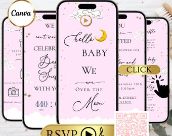 Over the Moon Baby Shower Website, Animated Editable Invite with RSVP, Pink Stars and Moon mobile evite with music, Its a Girl