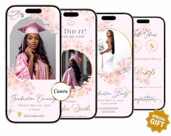 Graduation video invite website, editable Grad Party Canva template, Class of 2026 ceremony invitation, Pink Floral Evite RSVP and Music