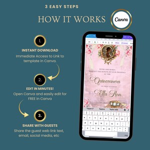 May include: A smartphone displays a Quincea&ntilde;era invitation template with floral accents. The image shows the steps to create the invitation using Canva: instant download, edit in minutes, and share with guests. The Canva logo is visible.