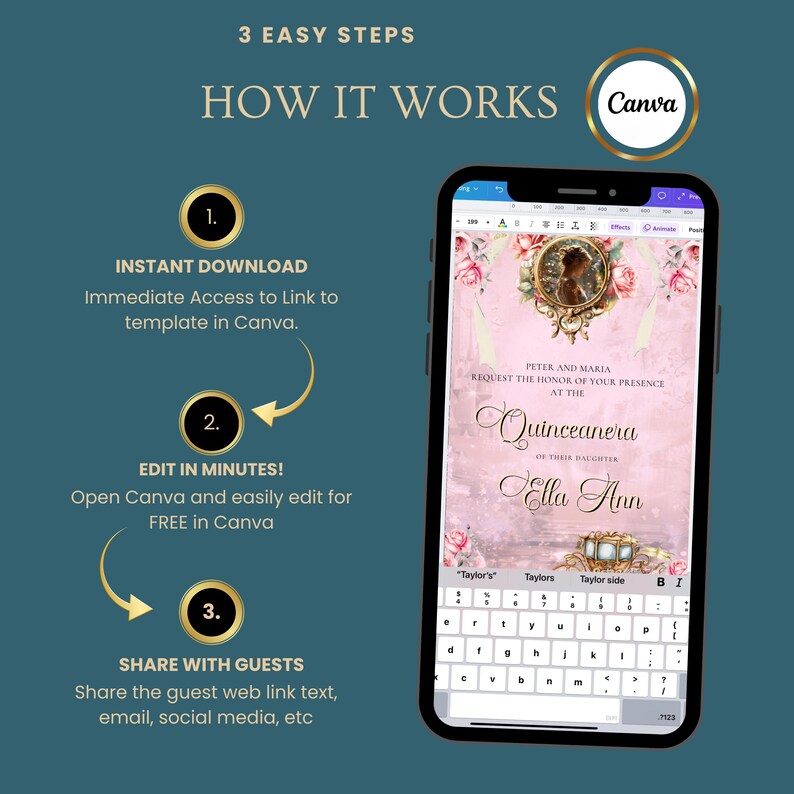 May include: A smartphone displays a Quincea&ntilde;era invitation template with floral accents. The image shows the steps to create the invitation using Canva: instant download, edit in minutes, and share with guests. The Canva logo is visible.