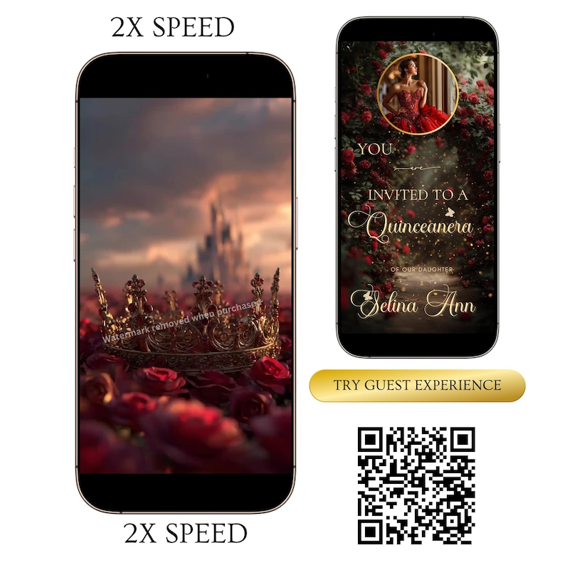 Red Roses Video Invitation Rose Quinceanera Sweet 15 16 Birthday Digital Invite Animated Quince Años Red Mobile Save The Date RSVP Evite