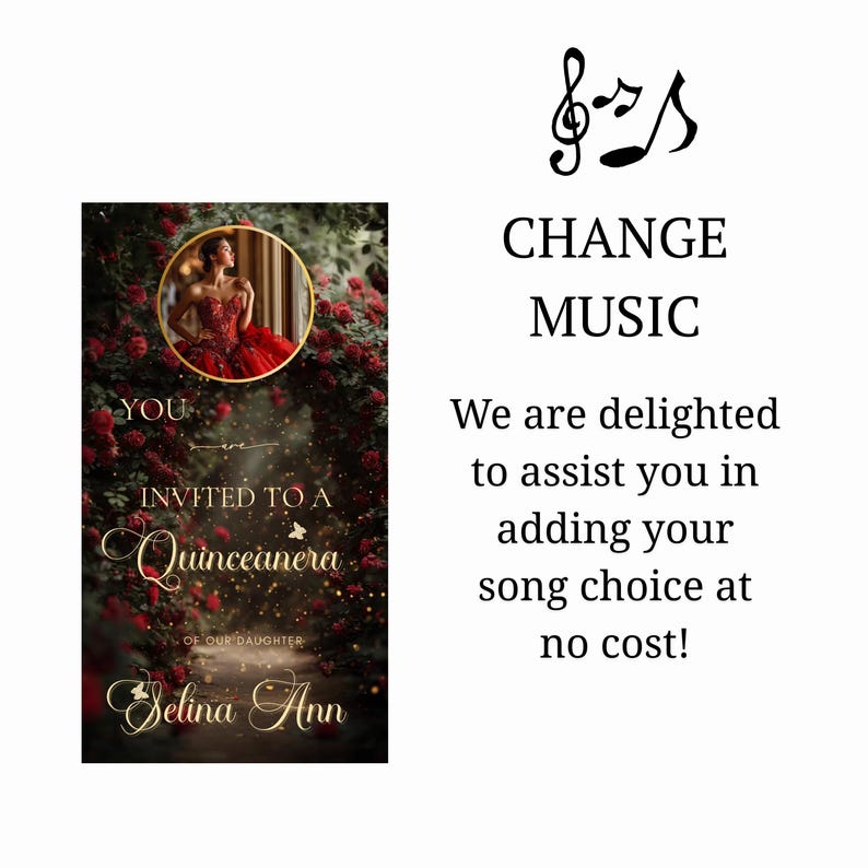 May include: A quincea&ntilde;era invitation card with a young woman in a red dress, surrounded by roses. The card includes the text "You are invited to a Quincea&ntilde;era of our daughter Selina Ann."