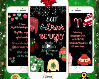 Pode incluir: Um convite digital festivo para uma festa de camisolas feias, exibido em três smartphones. O convite apresenta o texto "Eat & Drink, Be Ugly" e inclui detalhes sobre o evento.