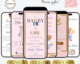 Pink Polo Bear Baby Shower Invite Website with Rsvp tracking Pink Plaid Preppy evite We can Bearly Wait clickable mobile evite for girl