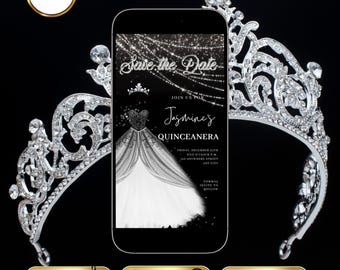 Quinceañera Video Invitation Princess Sweet 15 Black and White Dress Sweet 16 Birthday Invite Mobile Quince Años Save The Date RSVP Tracker