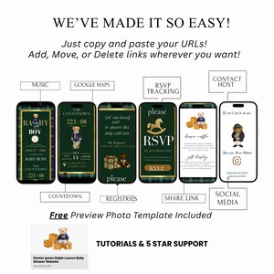 May include: A promotional image with the text "WE'VE MADE IT SO EASY!" and instructions to copy and paste URLs. The image showcases mockups of phone screens with baby shower-themed designs, including countdowns, RSVPs, and registry information.