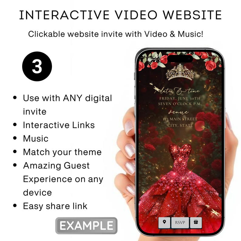 May include: A smartphone displaying an interactive video website invitation. The invitation features a red dress design with a crown and floral accents. Text includes "Interactive Video Website" and "Clickable website invite with Video & Music!"