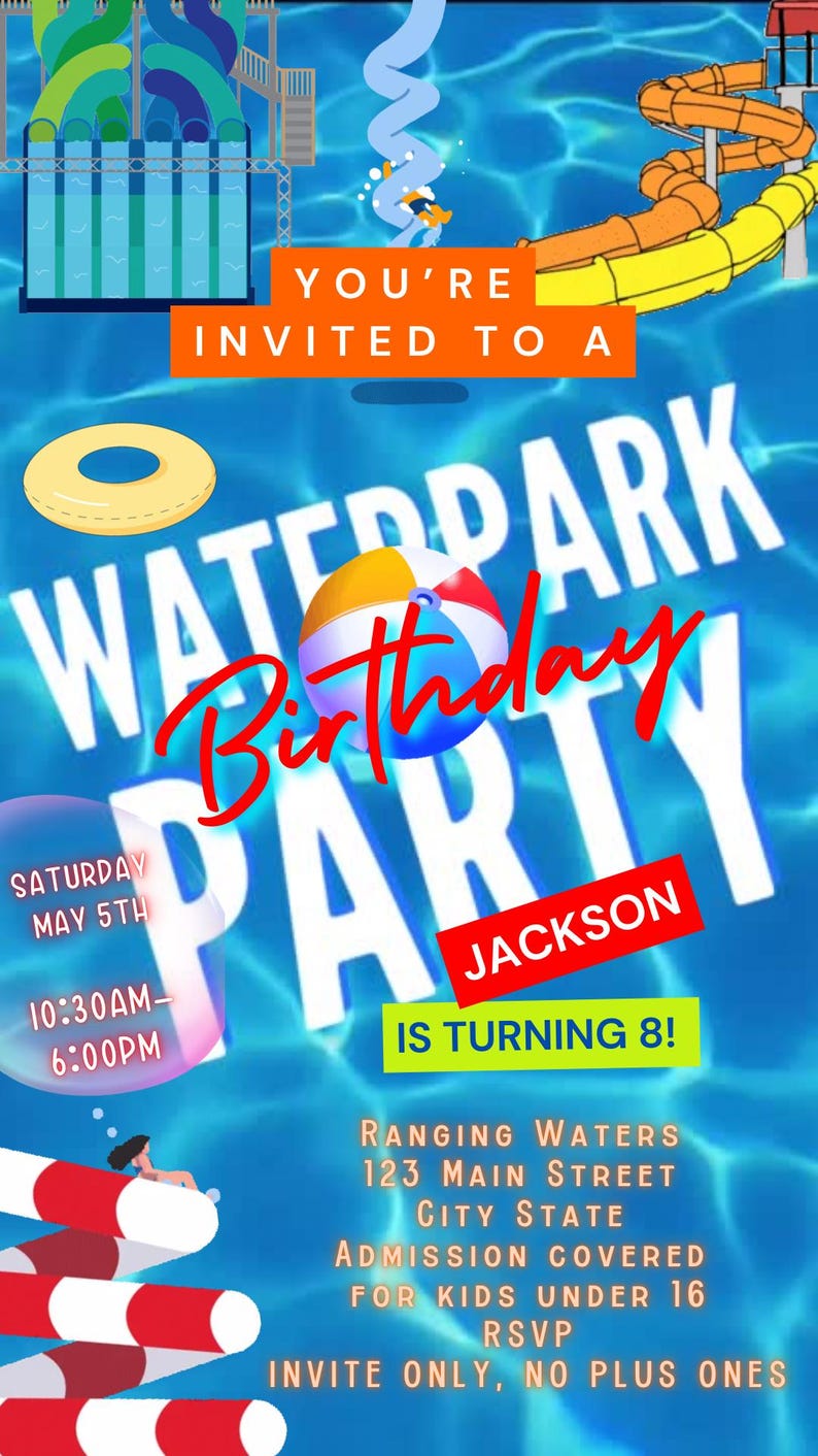 Waterpark invite editable video template splash party animated evite canva swim summer birthday digital mp4 instant download Water park