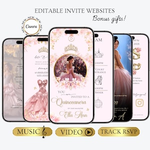 Può includere: Una serie di inviti digitali rosa per una Quinceañera, con una giovane donna in un abito rosa. Gli inviti includono testo come "Ella Ann" e "Quinceañera", con opzioni per musica, video e monitoraggio RSVP. Il logo Canva è visibile.