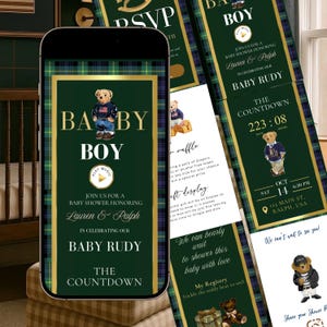 Polo Bear baby shower interactive website invitation featuring preppy green and navy plaid, gold accents, and animated bear graphics. Includes RSVP button, countdown timer, diaper raffle, books for baby, registry links, and event details. Fully editable Canva template optimized for mobile viewing. Perfect for luxury baby boy showers and preppy Ralph Lauren–inspired celebrations.