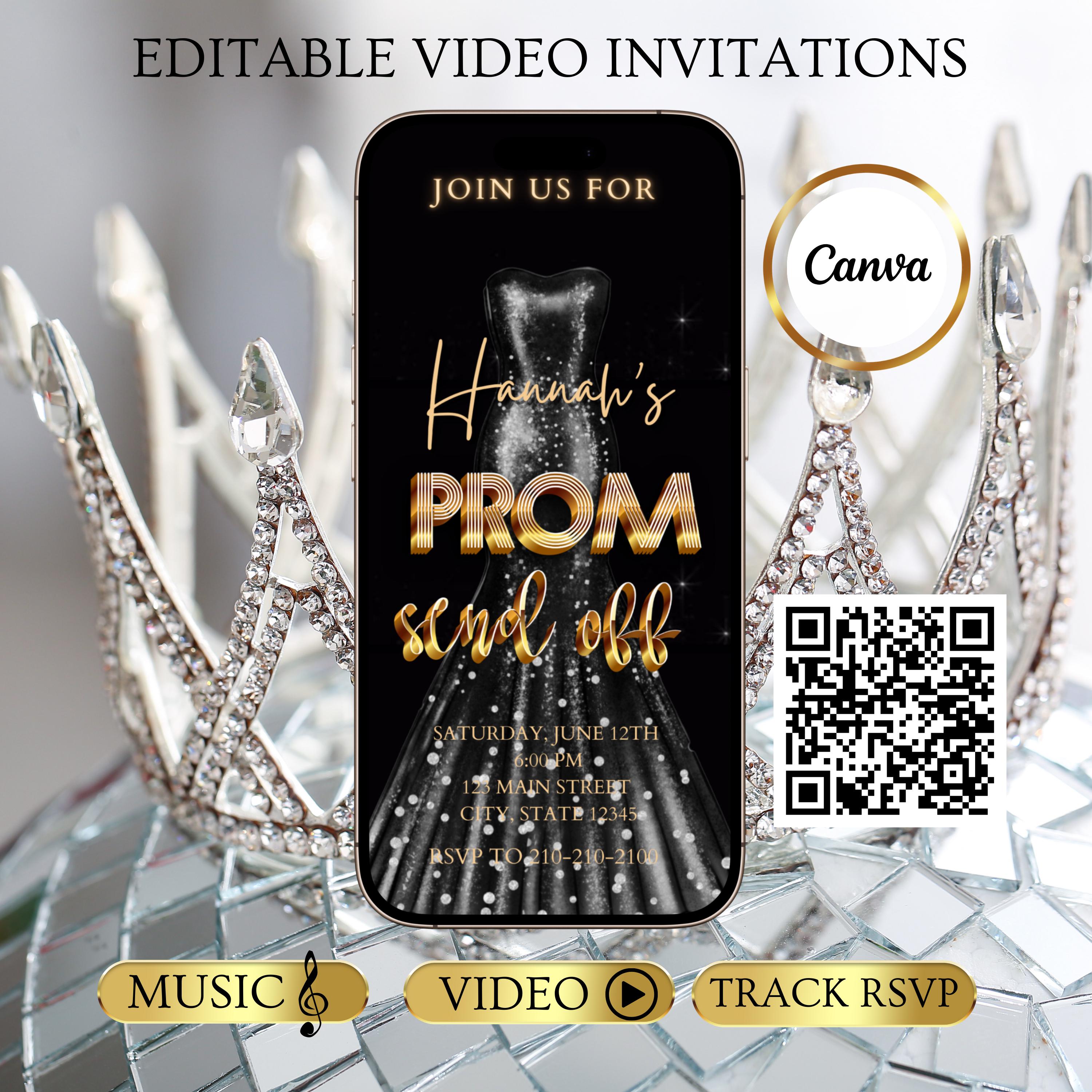 Prom Send-off Video Invitation Digital Black and Gold Prom Dress Reveal ...