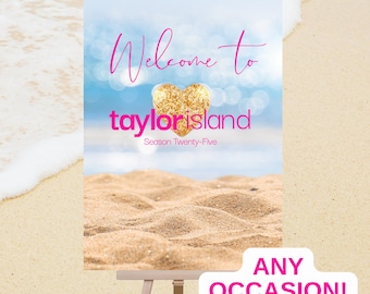 Bach island welcome sign bachelorette party villa theme gold heart sand printable personalized season of love digital download event decor