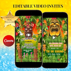 Puede incluir: Dos smartphones que muestran invitaciones de video editables con un tema tropical. Las invitaciones presentan máscaras tiki, flores y el texto "PLEASE JOIN US" para una celebración de cumpleaños. Las invitaciones también incluyen el texto "WATCH REAL HULA GIRL" y "Canva".