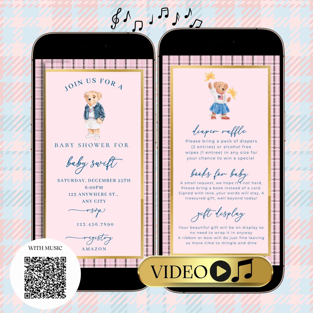 Pink Polo Bear Baby Shower Video Invitation Pink Teddy Bear Editable ...