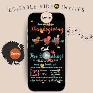 Bearbeitbares Thanksgiving-Videoeinladung Herbst Friendsgiving Evite Familientreffen Thankful Canva Vorlage Digitaler Urlaub Dinner Party einladen