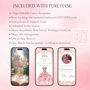 Pink Quinceañera Invitation Video Gold Floral Royal Sweet 15 16 Girls Birthday Digital Invite Animated Quince Años Save The Date RSVP image 4