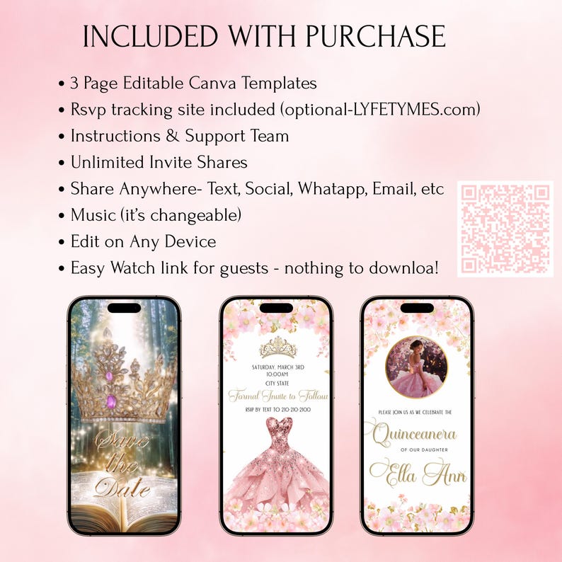 Pink Quinceañera Invitation Video Gold Floral Royal Sweet 15 16 Girls Birthday Digital Invite Animated Quince Años Save The Date RSVP image 4