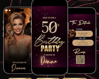 50th Birthday Video Invitation Editable Canva Template, Burgundy Gold Fifty and Fabulous Party Invite, Animated Champagne Evite RSVP QR Code