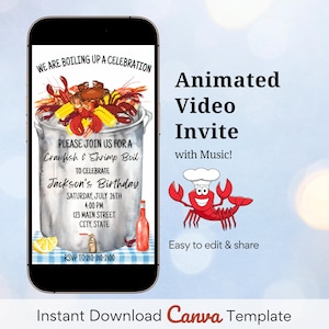 May include: Animated video invitation for a crawfish and shrimp boil birthday party. The invitation features a cartoon illustration of a pot of boiling crawfish and shrimp, with text that reads "We are boiling up a celebration." and "Please join us for a crawfish & shrimp boil to celebrate Jackson's Birthday." The invitation also includes the date, time, and location of the party.