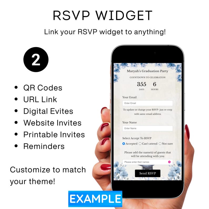 May include: A mobile phone screen shows an RSVP form for a graduation party, with fields for email and name. The image includes the text "RSVP WIDGET" and options for QR codes, digital invites, and reminders.