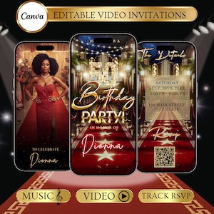 Op de afbeelding: Drie smartphoneschermen met een uitnodiging voor een verjaardagsfeestje. De eerste toont een vrouw in een rode jurk op een rode loper. Het tweede scherm zegt "50e verjaardagsfeest!" Het derde scherm heeft evenementdetails. Tekst bevat "Bewerkbare video-uitnodigingen."