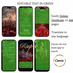 May include: Smartphone screens showcasing digital Quincea&ntilde;era invitations. The designs feature elegant fonts, floral accents, and a red dress. The text includes "Save the Date," "RSVP," and "Details."