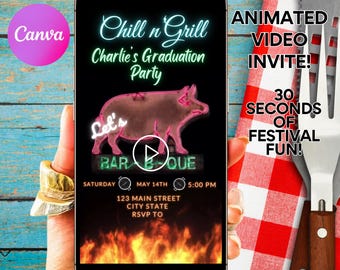 BBQ Video Invitation, Barbecue Grilling Party Video Invite, Cookout Canva Template, Editable Invite Instant Download, Digital Text Invite
