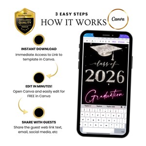 2026年度卒業式招待状、編集可能なビデオテンプレート、アニメーション発表、デジタル招待状、シルバーピンク、即時ダウンロード 画像 14