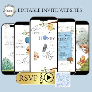 Puede incluir: Una colección de pantallas de teléfonos móviles que muestran diseños de invitaciones para baby shower. Las invitaciones presentan personajes de Winnie the Pooh, globos y el texto "Our Little Honey is on the Way". El diseño incluye un botón RSVP dorado y un código QR.